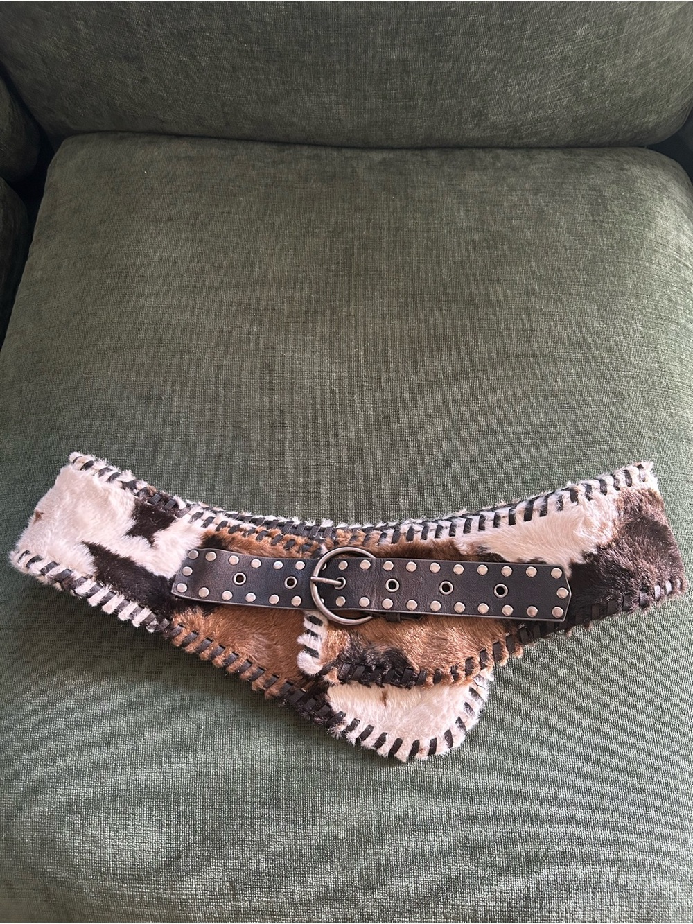 Jade London Brown & White Faux Fur Patchwork Wide Belt with Studded Strap